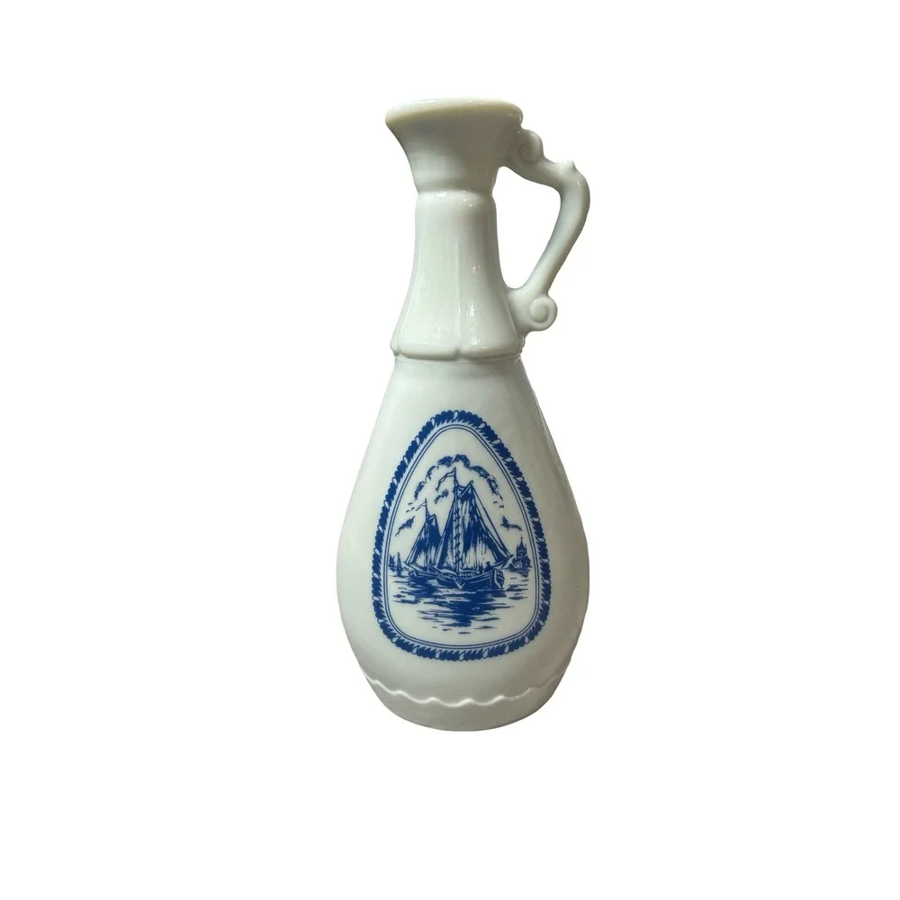 Vintage Milk Glass Nautical Decanter Sailboat Windmill Coastal Decor